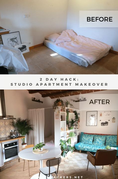 This Barcelona studio apartment was a little too open. A 2-day hack and clever room divider transformed it into a warm space to come home to. Apartment Divider, Divider Ideas, Modern Room Divider, Studio Apartment Divider, Apartment Makeover, Studio Apt, Studio Apartment Layout, Small Studio Apartments, Studio Room