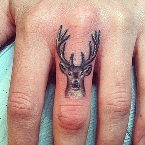 Stag Tattoo Design, Deer Head Tattoo, Cat And Dog Tattoo, Deer Tattoo Designs, Stag Tattoo, Skull Girl Tattoo, Finger Tattoo For Women, Finger Tats, Ring Finger Tattoos