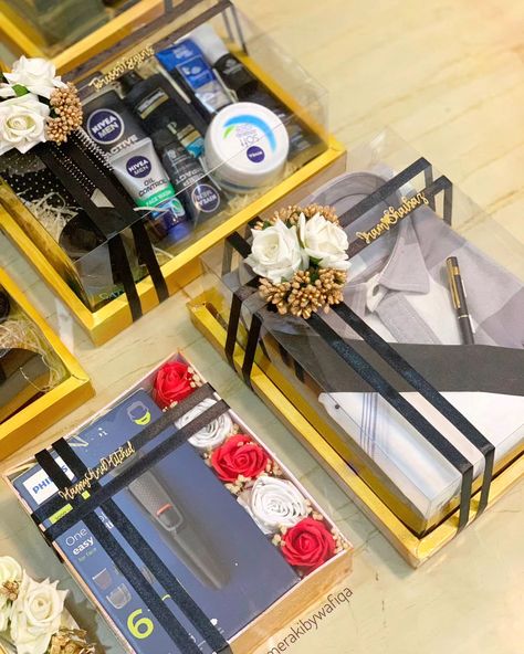 Gifts for him 🌟 . . . . . . #weddingtrousseaupacking #trousseaupackaging #trousseaupacking Wedding Gifts Packaging For Groom, Groom Gift Packing Ideas, Packing Ideas For Wedding, Packing Ideas Gift, Gift Packing Ideas, Hampers Wedding, Wedding Hampers, Baat Pakki, Packing Idea