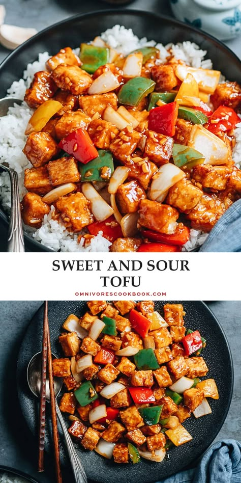 Extra crispy sweet and sour tofu served with crunchy, colorful vegetables and a rich, sticky sauce makes a delicious Chinese dinner! The result is so good that you won’t want to order takeout again. {Vegetarian, Vegan, Gluten-Free Adoptable} Asian Potluck, Sweet And Sour Tofu, Sweet And Sour Recipes, Vegetarian Asian, Sticky Sauce, Asian Dinner, Vegan Chinese, Chinese Dinner, Dinner Favorites