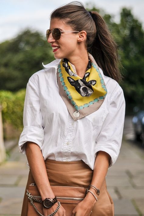 fun way to wear my vintage scarves! vintage scarf & crisp white shirt Wear Scarf, White Shirt Outfits, Scarf Trends, Silk Neck Scarf, Classic White Shirt, Crisp White Shirt, How To Wear Scarves, Vintage Scarf, Neck Scarf