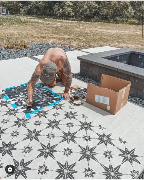 Backyard Cement, Outdoor Concrete Floors, Floor Stencils Patterns, Stenciled Concrete Floor, Stenciled Concrete, Stencil Concrete, Paint Concrete Patio, Paint Concrete, Painting Cement