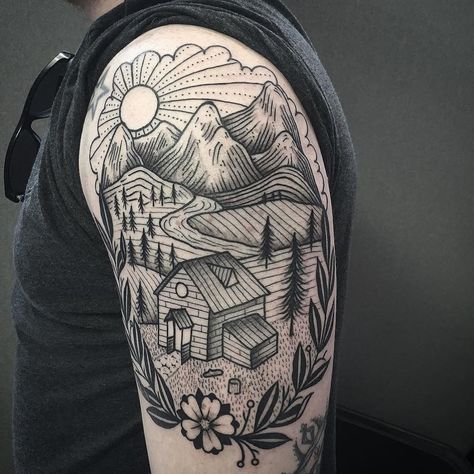 Landscape tattoo Portland Tattoo, Woodcut Tattoo, Tattoos Mandala, Landscape Tattoo, London Tattoo, Line Work Tattoo, Tattoo Videos, Maori Tattoo, Nature Tattoos