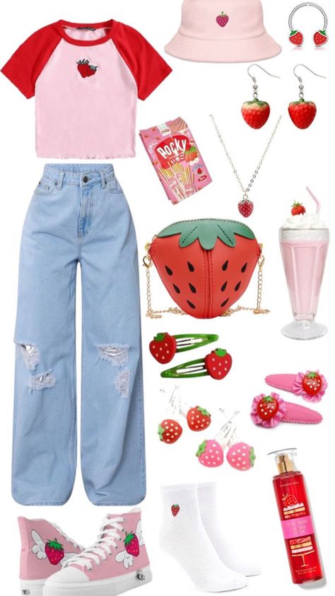 #strawberry #strawberrygirl #strawberryaesthetic #preppy #preppyaesthetic #preppies Uwu Aesthetic Outfit, Strawberry Clothing Aesthetic, Kawaii Style Aesthetic, Fruit Outfit Aesthetic, Cute Strawberry Clothes, Food Themed Outfits, Watermelon Inspired Outfit, Strawberry Shortcake Characters Outfit Inspiration, Cute Strawberry Outfit