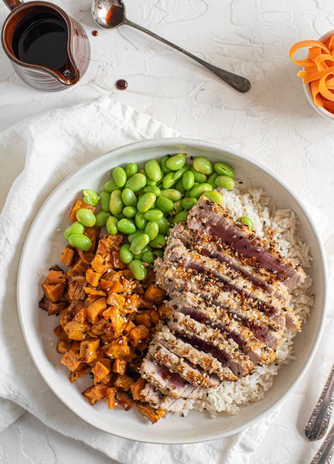 Sesame Tuna Steak, Sesame Crusted Tuna Steak, Seared Tuna With Sesame Seeds, Tuna Rice Seaweed, Seaweed Tuna Rice, Coconut Basmati Rice, Sesame Crusted Tuna, Sweet Soy Sauce, Steak And Rice