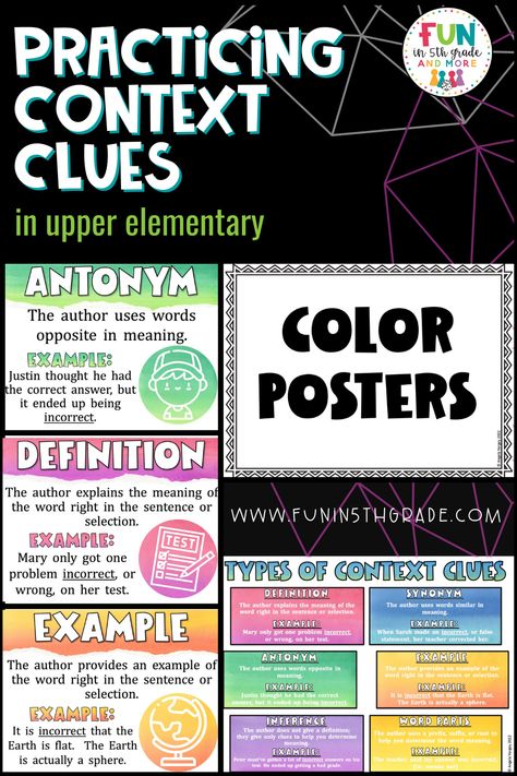 Here are some easy ways to practice context clues in upper elementary! Inside this blog, you can also find free reading posters for the classroom to help with types of context clues. There is no need to make context clues anchor charts with these. Some context clues activities include a game show, close reading passages, and games. These context clues activities would be perfect for literacy centers, literacy small groups, and whole group reading instruction. Context Clues Activities Middle School, Context Clues Upper Elementary, Teaching Context Clues 2nd Grade, Context Clues With Nonsense Words, Types Of Context Clues, Context Clues Anchor Chart, Context Clues Mentor Text Picture Books, Context Clues Activities, Upper Elementary Activities