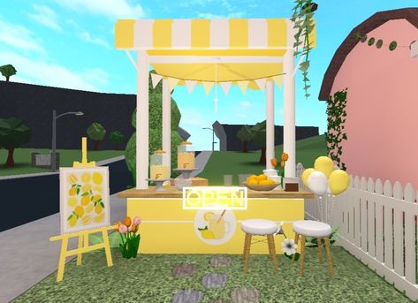 Lemonade Stand Bloxburg Bloxburg Lemonade Stand, Fall Coffee Bar, Food Stall Design, Bloxburg Decals Codes Aesthetic, Blocksburg Room Ideas￼, Candy Stand, Bloxburg Decals Codes Wallpaper, Stall Design, House Decorating Ideas Apartments