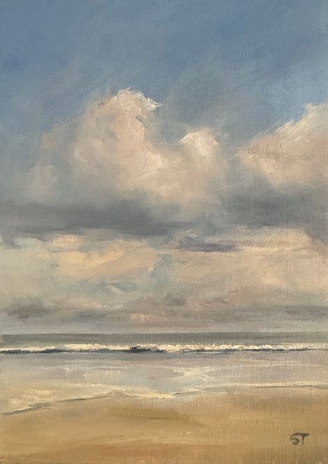 Original Oil Seascape Painting on Linen Panel 7 X 5 X 1/4 Inches Title: "June Afternoon" Signed and Varnished This was one of those hot June afternoons on the east coast; big lazy clouds drifting overhead with gentle waves lapping the shore. This piece is ready to frame and can stand alone in a small space or be hung as part of a collection. The frame is not included and the photo is for reference only. Painting Of A Beach, Wall Art Landscape, Coast Painting, Oil Painting Seascape, Painting Waves Acrylic, Blue And White Paintings, Oil Painting Sea, Cloud Paintings, Oil Painting Beach