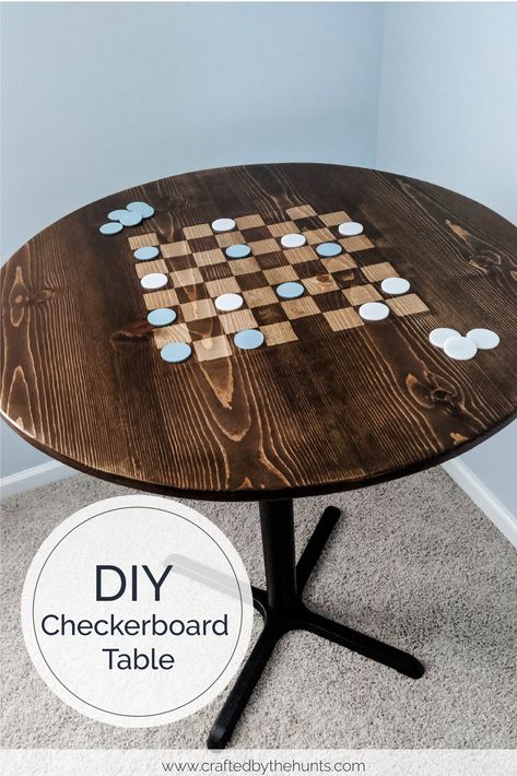 Learn how to make a checkerboard pattern on wood using stain. You can make a checkerboard table or checkerboard tray with this simple how-to tutorial. #checkerboard #diyproject #diyfurniture Checkerboard Table Top, Diy Checkerboard, Stain Pine, Checkerboard Table, Canopy Bed Diy, Stain On Pine, High Top Tables, Game Room Family, Diy Nightstand