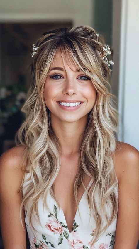 🔮 Pristine Down Wedding Hairstyles wedding hairstyles half up half down bangs Inspiration Curled Hair For Wedding, Half Up Half Down Bangs, Medium Length With Bangs, Bangs Inspiration, Medium Length Hairdos, Hair For Wedding, Down Wedding Hairstyles, Intricate Braids, Beautiful Bridal Hair