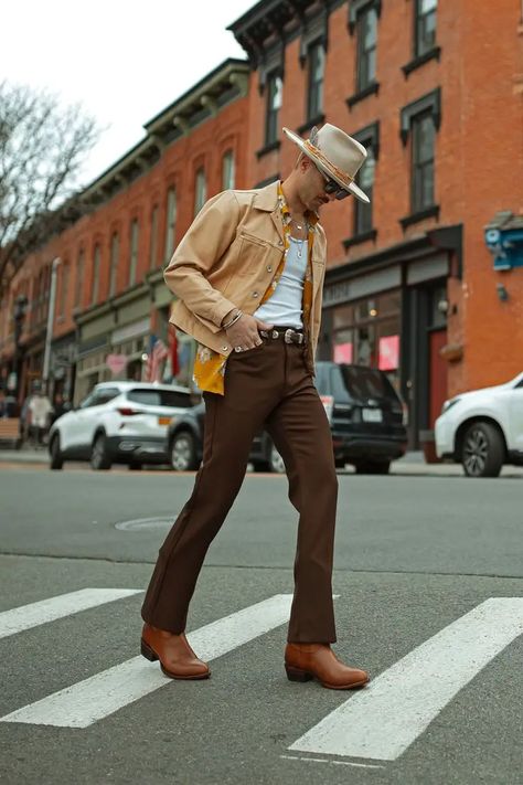 Urban Cowboy Style: Men's Fashion for the Modern Frontier Cowboy Style Outfits, Western Outfit Men, Western Outfits Mens, Cowboy Outfit Men, Mens Cowboy Boots Outfit, Urban Cowboy Style, Cowboy Outfit For Men, Cowboy Suit, 70s Mens Fashion