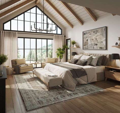 Unveiling our 3D rendered Master bedroom with vaulted high ceiling and the warm embrace of natural wood beams. Nestled into a mountainside,… | Instagram Farmhouse Bedroom Ceiling, Cathedral Ceiling Bedroom, Natural Wood Beams, Bedroom Ceiling Ideas, High Ceiling Bedroom, Vaulted Ceiling Bedroom, Bedroom Ceilings, 2024 Home Decor, Fan Decor