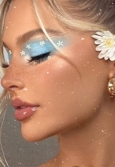 Blue Sky & Daisy Makeup Look Colorful Eyeshadow Blue Eyes, Flower Inspired Makeup Looks, Blue And White Makeup Ideas, Creative Blue Makeup Looks, Fun Blue Eye Makeup, Blue Eyeshadow White Eyeliner, Blue Eyeshadow With Glitter, Fairy Makeup Looks Blue, Sky Eye Makeup