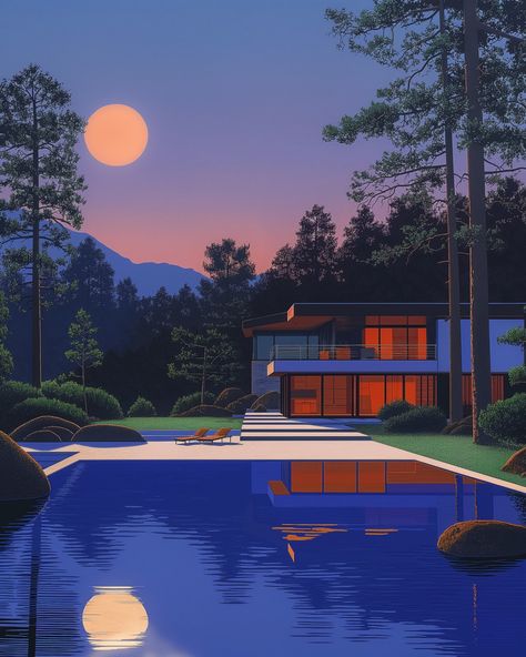 I want a modern style home in Estes Park Colorado without a pool at dusk like it was painted by Hiroshi Nagai, HDR, Hiroshi Nagai, vintage finish, pixel art, liminal spaces, 80s aesthetic, 90s aesthetic, smooth brushwork, days gone by, city pop art style 80s And 90s Aesthetic, Japan 80's Aesthetic, Hiroshi Nagai, Inspirational Digital Art, Futurism Art, Pop Illustration, Sky Art Painting, Vaporwave Art, Estes Park Colorado