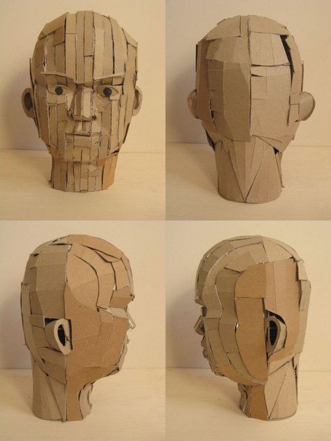 Cardboard Head Sculpture, Paper Head, Cardboard Sculptures, Cardboard Art Sculpture, Paper Mache Head, Cardboard Mask, Toys Design, Middle School Art Projects, Sculpture Head