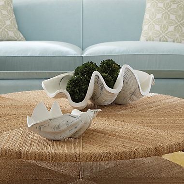 Decorative Clam Shell Coastal Interior Design Living Room, Clam Shell Decor, Rectangle Side Table, Coastal Interior Design, Closet Storage Systems, Outdoor Umbrella Stand, Small Accent Tables, Coastal Interior, Media Furniture