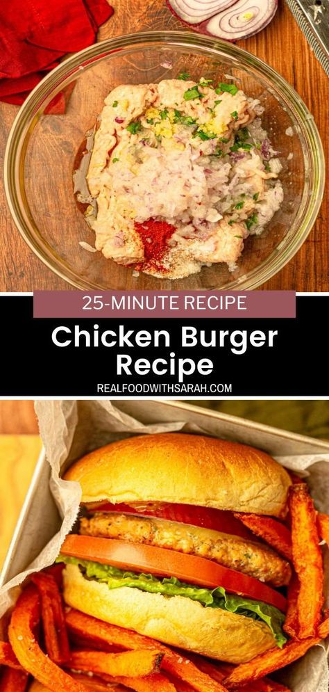 These Chicken Burgers are healthy, made with simple ingredients and are the perfect meal for the whole family. They are done in under 25 minutes! Healthy Chicken Burgers Clean Eating, Canned Chicken Burgers, The Best Chicken Burgers, Easy Chicken Burgers, Healthy Ground Chicken Burgers, Homemade Ground Chicken Burgers, Ground Chicken Burgers Air Fryer, Homemade Chicken Burgers Patty, Low Calorie Chicken Burgers