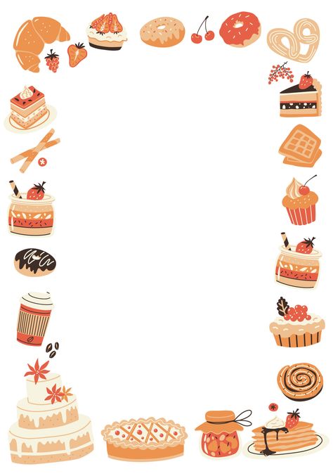 Pastry and bakery dessert elements. Vector frame. Dessert Pictures Ideas, Wallpaper For Bakery Shop, Cookie Border Ideas, Pastries Wallpaper, Bakery Journal, Pastry Wallpaper, Pastry Background, Desserts Wallpaper, Bakery Advertisement