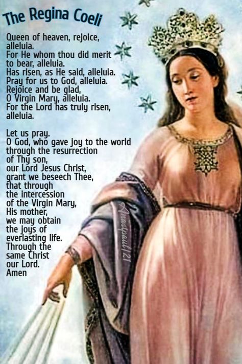 The Regina CoeliQueen of heaven, rejoice, alleluia.For He whom thou did merit to bear, alleluia.Has risen, as He said, alleluia.Pray for us to God, alleluia.Rejoice and be glad, O Virgin Mary, alleluia.For the Lord has truly risen, alleluia. Morning Offering, Hail Holy Queen, Salve Regina, Grace Quotes, Let Us Pray, Mama Mary, Queen Of Heaven, Catholic Quotes, Hail Mary