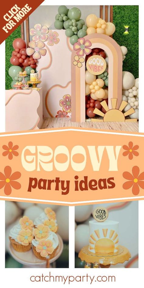 Diy Two Groovy Party Decor, Groovy Food Table, One Groovy Babe Birthday Food, Groovy Aesthetic Party Decor, Groovy And Boozy Birthday Party, Groovy Birthday Party Food, Groovy Party Food, Groovy Birthday Party Ideas, Groovy Birthday Signs