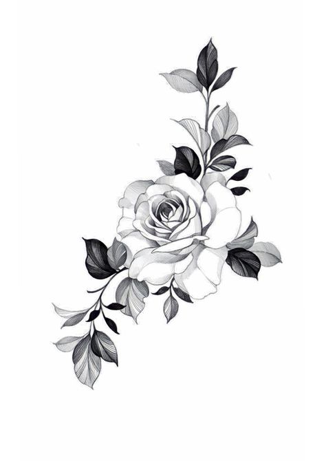 Rose And Leaf Tattoo, Floral Tattoo Design Rose, Rose Floral Tattoo Design, Tattoo Peonies, Floral Shoulder Tattoo, Black And White Rose Tattoo, Rose Chest Tattoo, Wall Prints Quotes, White Rose Tattoos