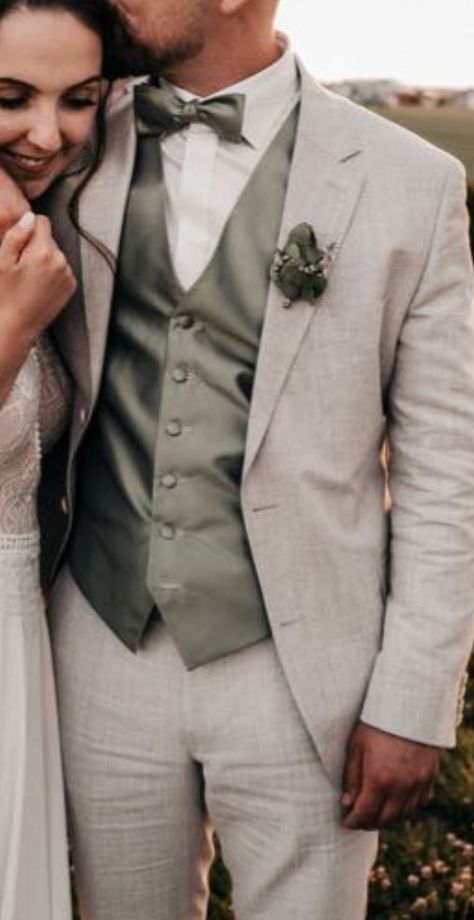 Green Grey Suit Wedding, Sage Green Wedding Tuxedo For Men, Grey And Green Wedding Suit, Light Green Groomsmen Suits, Grey And Sage Green Groomsmen Attire, Tan Tuxedo Wedding Sage Green, Sage Green Bridesmaid And Groomsmen, Groom Attire Spring, Sage Wedding Groom