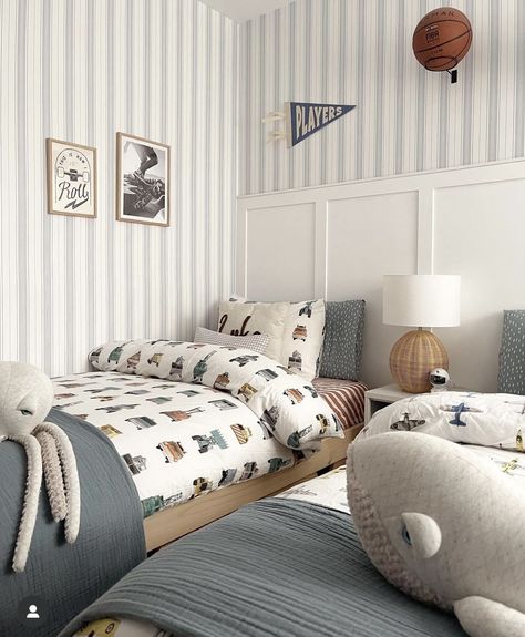 Boys Bedroom Panelling, Train Toddler Room, Toddler Blue Room, Classic Little Boys Room, Boys Room 6 Yrs Old, 2 Toddler Beds In One Room, Toddler Room Inspo Boy, Shared Brothers Room, Old Money Kids Room