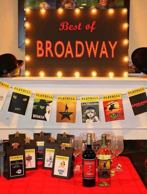 Broadway Party Ideas Decoration, Broadway Musical Birthday Party Ideas, Theater Party Ideas Broadway, Broadway Themed Bachelorette Party, Musicals Themed Party, Broadway Bachelorette Party, Musical Themed Birthday Party, Broadway Party Ideas, Broadway Decorations Themed Parties