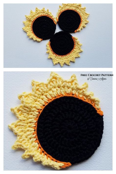 Solar Eclipse Coaster Free Crochet Patterns Solar Eclipse Crochet, Peacock Blanket, Sun Crochet, Diy Magazine, Applique Pattern, Crochet Applique, Finger Puppets, Free Crochet Patterns, Solar Eclipse