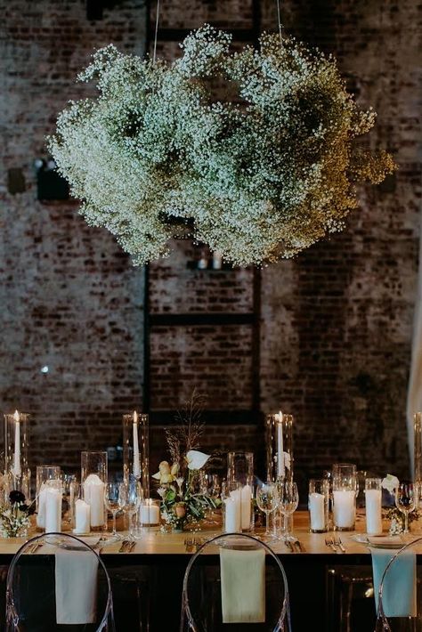 ###Reception Decor    When we said baby's breath could be beautiful en masse we meant it! This gorgeous installation, from an event thrown by [Jove Meyer](http://www.jovemeyerevents.com/), looks like an ethereal cloud floating lazily over the table. Baby's Breath Wedding Flowers, Gypsophila Wedding, Flower Installation, Baby S Breath, Glamorous Wedding, Deco Floral, Wedding Aisle, Wedding Flower Arrangements, Baby's Breath