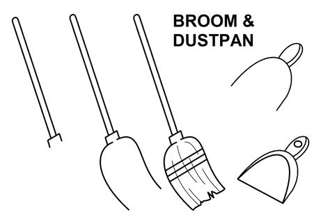 Step-by-step to draw a broom and dustpan. Dustpan Drawing, Broom Doodle, Broom Drawing, Flower Tower, Broom And Dustpan, A Broom, Sketch A Day, Paper Embroidery