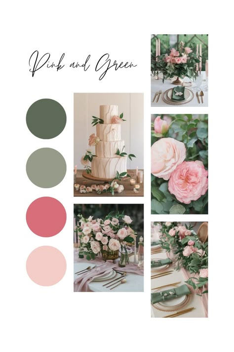 Pink and green wedding tablescape with floral arrangements. Rose Gold And Green Color Palette, Pink Wedding Scheme Colour Palettes, Green And Pink Pallet, Pink And Green Wedding Palette, Pink Green Wedding Decor, Green Colour Scheme Wedding, Dark Green And Pink Wedding Theme, Wedding Ideas Color Schemes Spring, June Wedding Color Palette