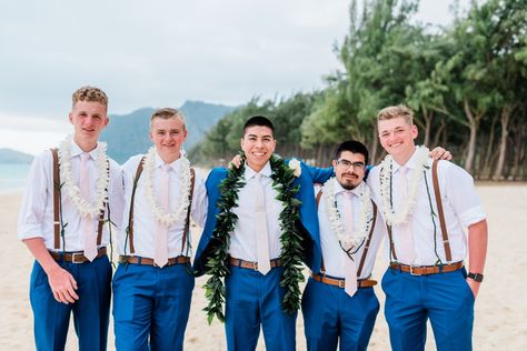 groomsmen leis for a hawaii wedding day - Rae Marshall Photography at Waimanalo Bay Beach for Andre and Lexy's elopement Beach Wedding Groom Attire, Beach Wedding Groomsmen, Beach Wedding Groom, Beach Wedding Locations, Beach Wedding Centerpieces, Beach Theme Wedding Invitations, Groom Wedding Attire, Bridal Theme, Beach Wedding Flowers