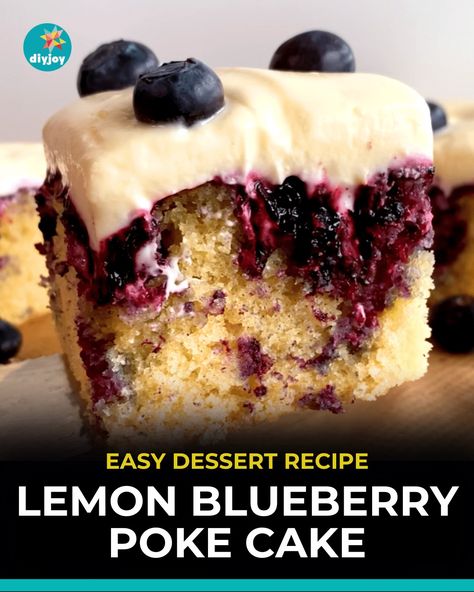 Lemon Blueberry Poke Cake Blueberry Poke Cake Recipes, Lemon Blueberry Poke Cake, Blueberry Poke Cake, Lemon Cream Cheese Icing, Coconut Blueberry, Coconut Poke Cakes, Cornbread Muffins Recipe, Lemon Blueberry Cake, Slushie Recipe