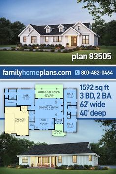 Country, Farmhouse, Ranch Style House Plan 83505 with 1592 Sq Ft, 3 Bed, 2 Bath, 2 Car Garage 4 Bedroom 1500 Sq Ft House Plans, Split Floor Plans 3 Bedrooms, 3 Bed 2 Bath Floor Plans Open Concept 1500 Sq Ft, Modular Ranch Homes, 3 Bedroom Ranch With Office, Two Bedroom Ranch House Plans, Custom Ranch Style Homes, Ranch Home With Basement Floor Plans, One Level 3 Bedroom House Plans