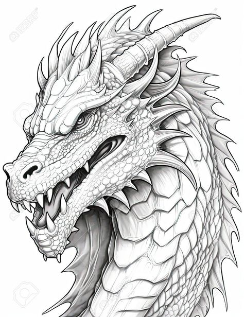 Dragon Coloring Pages Free Printable, Dragon Lineart, Dragon Line Drawing, Wyvern Tattoo, Realistic Dragon Drawing, Dragon Line Art, Dragon Head Drawing, Dragon Line, Graffiti Alphabet Styles