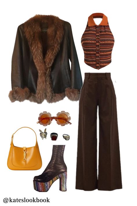 Gogo Outfit 70s, 70s Scarf Outfit, Brown 70s Outfit, Witchy 70s Style, 70s Winter Fashion For Women, Kacy Musgraves Concert Outfit, 90s Earthy Outfits, Formal Hippie Outfit, Mona Half And Half Outfits