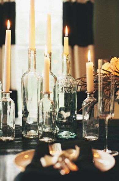 9 Simple Thanksgiving Decorations That You Can Easily Do Last Minute | Hunker Spooky Scenery, Wicked Accessories, Glass Bottle Candle Holder, Sophisticated Halloween Party, Party Decorations For Adults, Glass Bottle Candles, Halloween Chic, Bottle Candle Holder, Wedding Candles Table