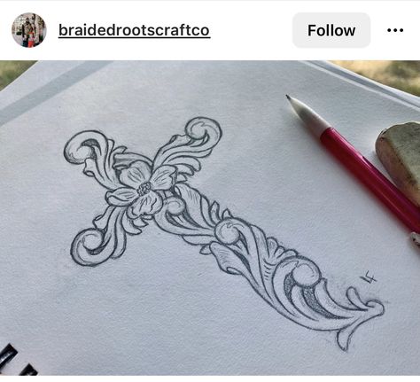 Horseback Riding Tattoos, Leather Tattoo Ideas, Leather Tool Tattoo Sleeve, Tooled Leather Drawing, Tooled Tattoo Design, Cross With Cowboy Hat Tattoo, Leather Tooled Tattoo, Western Scroll Tattoo, Leather Work Tattoo Sleeve