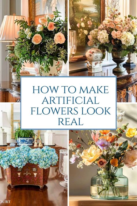 Master the art of making fake flowers look real. With a few simple tricks, you can easily make realistic fake flower arrangements that look just as beautiful as real ones. Learn which type is the best to use, how to treat them in different types of containers, how to prep and care for them, and more. Arranging Fake Flowers, How To Make Fake Flower Arrangements, How To Arrange Fake Flowers In A Vase, Artificial Floral Arrangements Diy, How To Make Artificial Flowers Look Real, How To Arrange Artificial Flowers, Best Faux Flowers, How To Make Fake Flowers Look Real, Floral Arrangements Diy Artificial