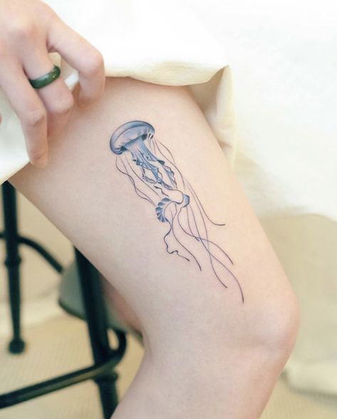 Rib Tattoo Placements, Night Routine Summer, 16 Tattoo, Tattoos To Cover Scars, Funky Tattoos, Jellyfish Tattoo, Blue Tattoo, Intricate Tattoo, Skeleton Hand Tattoo