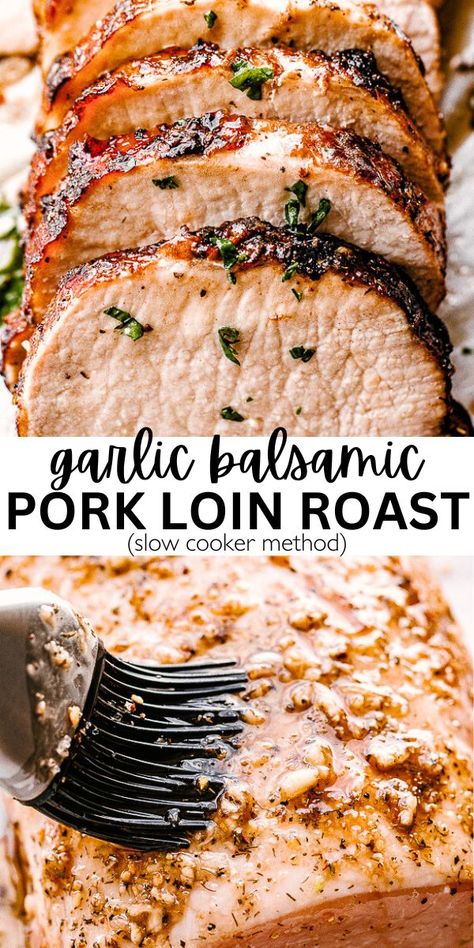 Prepare to be amazed by the fantastic flavors of our slow-cooked Garlic Balsamic Pork Loin. This simple crock pot pork recipe delivers an unbelievably tender, juicy, and flavorful pork roast that will leave you speechless! Pork Loin Roast Crock Pot, Balsamic Pork Loin, Pork Loin Recipes Slow Cooker, Easy Pork Loin Recipes, Crock Pot Pork Loin, Pork Loin Crock Pot Recipes, Crockpot Pork Loin, Slow Cooker Pork Loin, Pork Loin Recipe