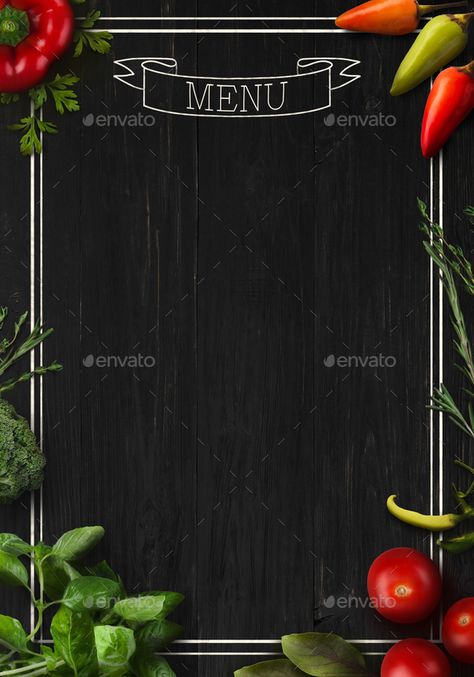 Black board as mockup for restaurant menu by Prostock-studio. Design concept for restaurant menu mockup. Black rustic wooden board with white inscription and vegetables frame, top...#Prostock, #menu, #Design, #studio Eat All You Can, Food Background Wallpapers, Menu Design Layout, Calories In Vegetables, Cafe Menu Design, Menu Card Design, Menu Mockup, Kitchen Logo, Menu Design Template