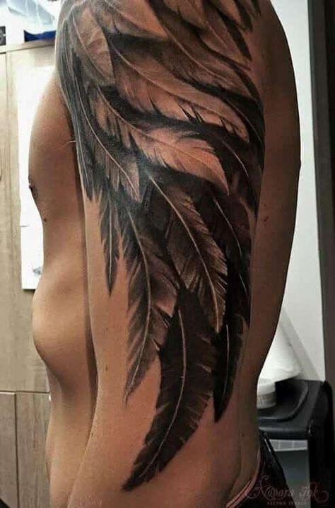 This wing tattoo, inked only in black, is highly intricate. With each feather detailed out, the realistic design creates a strong impact. Besides, its easy to cover up with a long-sleeved shirt. Symbolizing aspirations and untapped potential; it is a constant reminder; you will never know how high you can fly unless you try! Detailed Wing Tattoo, Feather Wing Tattoo, Realistic Wings Tattoo, Wing Sleeve Tattoo, Feather Sleeve Tattoo, Wing Tattoo Arm, Chinese Tattoo Designs, Feathers Tattoo, Tato Maori