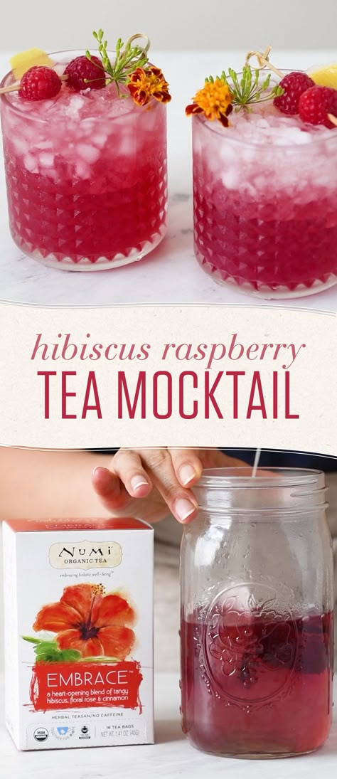 Skip the booze and go big on flavor with this hibiscus tea mocktail. This non-alcoholic treat will keep you hydrated and refreshed all summer! Tea Mocktail, Numi Tea, Alcoholic Treats, Alcohol Free Drinks, Raspberry Tea, Drink Recipes Nonalcoholic, Non Alcoholic Cocktails, Alcoholic Cocktails, Fancy Drinks