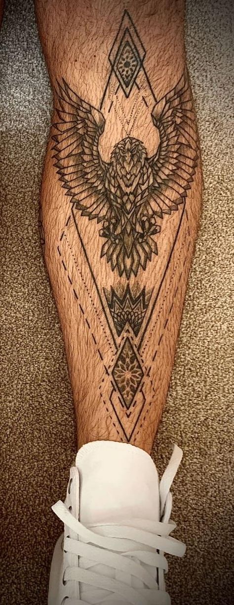 Norse Calf Tattoo, Cool Calf Tattoos For Men, Mens Shin Tattoo Ideas, Leg Tattoo Men Shin, Ankle Tattoo Men Wrap Around, Men Shin Tattoo Ideas, Men Shin Tattoo, Tattoo Calf Men, Back Calf Tattoos Men