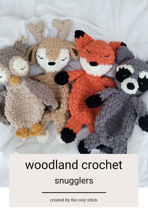 Create your own Owl, Deer, Fox, and Raccoon snugglers Raccoon Snuggler Crochet Pattern, Crochet Raccoon Lovey Free Pattern, Forest Animals Crochet, Raccoon Lovey Crochet Pattern, Crochet Warmies Pattern, Deer Snuggler Crochet Pattern, Crochet Deer Amigurumi, Crocheted Woodland Animals, Crochet Deer Snuggler