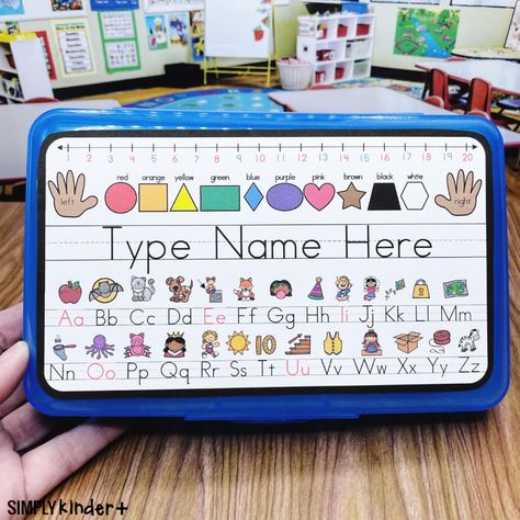 Pencil Box Name Tags - Simply Kinder Plus Kindergarten Pencil Box Ideas, Pencil Box Name Tags, Number Line To 20, Kindergarten Name Tags, Labeling Kindergarten, Homeschool Space, Kindergarten Names, Notebook Labels, Kindergarten Classroom Decor