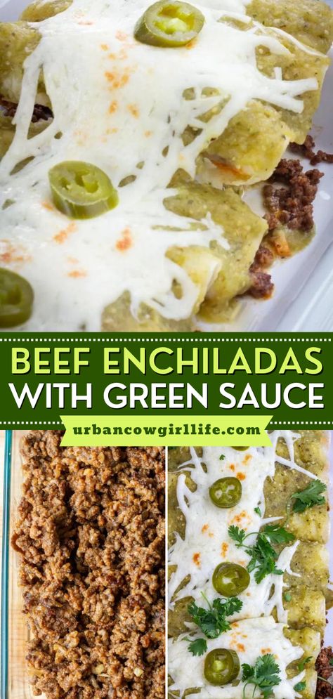 Your new favorite comfort food! You'll love these authentic ground beef enchiladas. Creamy, cheesy, and full of bold Tex Mex flavor, these homemade beef enchiladas with green sauce are the perfect winter food idea. Save this simple dinner recipe! Beef Enchiladas With Green Sauce, Recipes With Green Enchilada Sauce, Enchiladas With Green Sauce, Green Enchilada Recipe, Green Sauce Recipe, Green Chicken Enchiladas, Easy Beef Enchiladas, Pork Enchiladas, Beef Enchilada Recipe