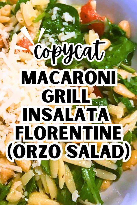 Copycat Macaroni Grill Insalata Florentine Recipe Orzo Chicken Salad - if you like Macaroni Grill orzo salad with chicken, you'll love this easy pasta salad recipe! Make this a chicken salad or a vegetarian salad without chicken. #pastasalad #chickensalad #saladrecipes #copycat Orzo Chicken Salad, Orzo Salad With Chicken, Spinach Florentine, Salad Recipe With Chicken, Wheat Berry Salad Recipes, Chicken Orzo Pasta, Florentine Recipe, Macaroni Grill, Orzo Dishes